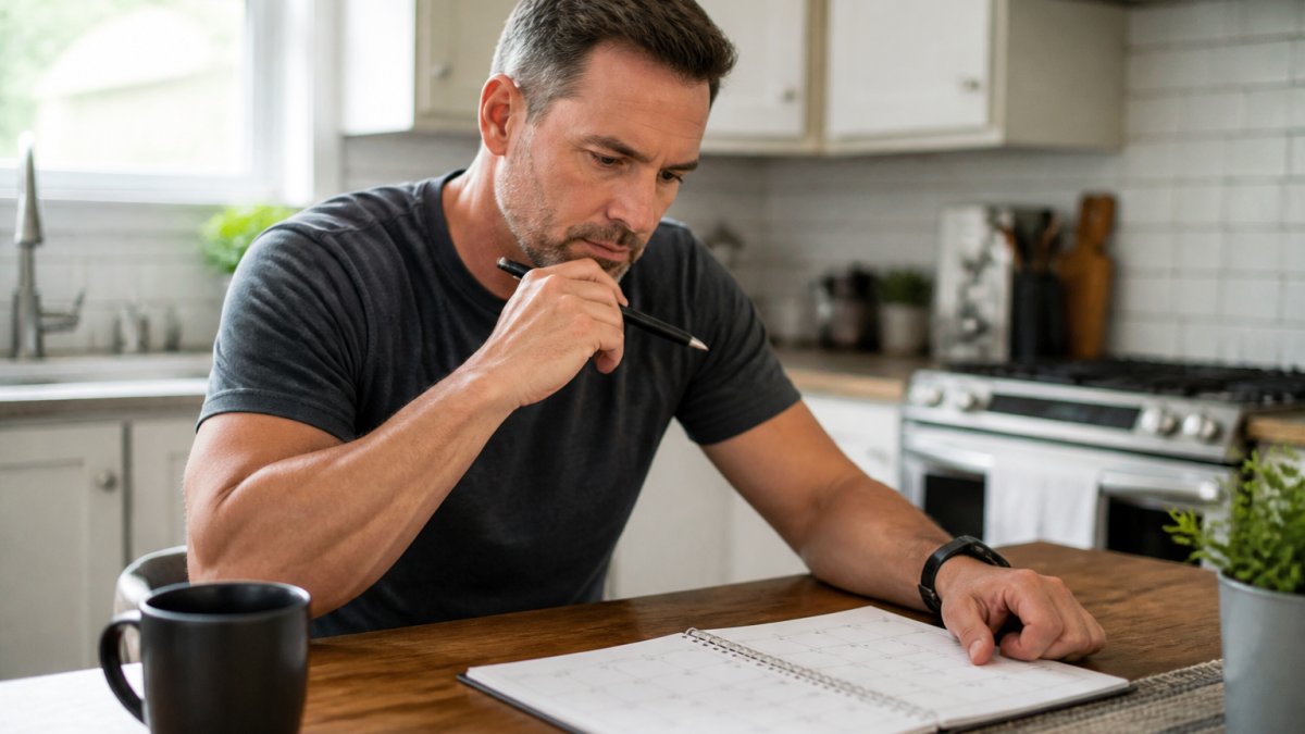 A man in his 40s sitting at a kitchen table in the morning, looking at a calendar and a pen, with a cup of coffee nearby, appearing thoughtful and focused on tracking his health progress