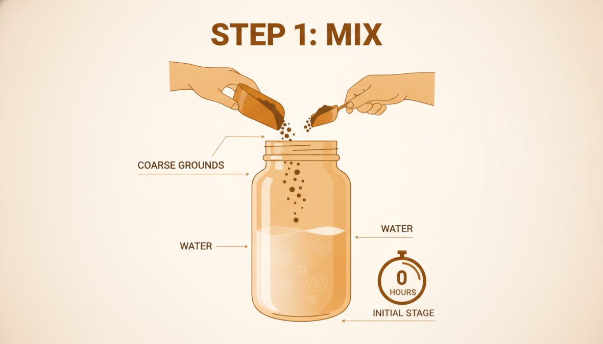 Close-up of hands pouring coarse coffee grounds into a glass jar with water, showing the initial mixing stage of cold brew preparation
