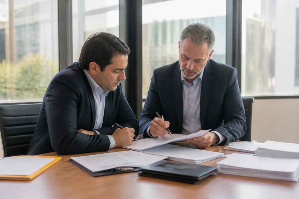 A business buyer and an accountant reviewing financial documents and a laptop at a conference table in a bright office
