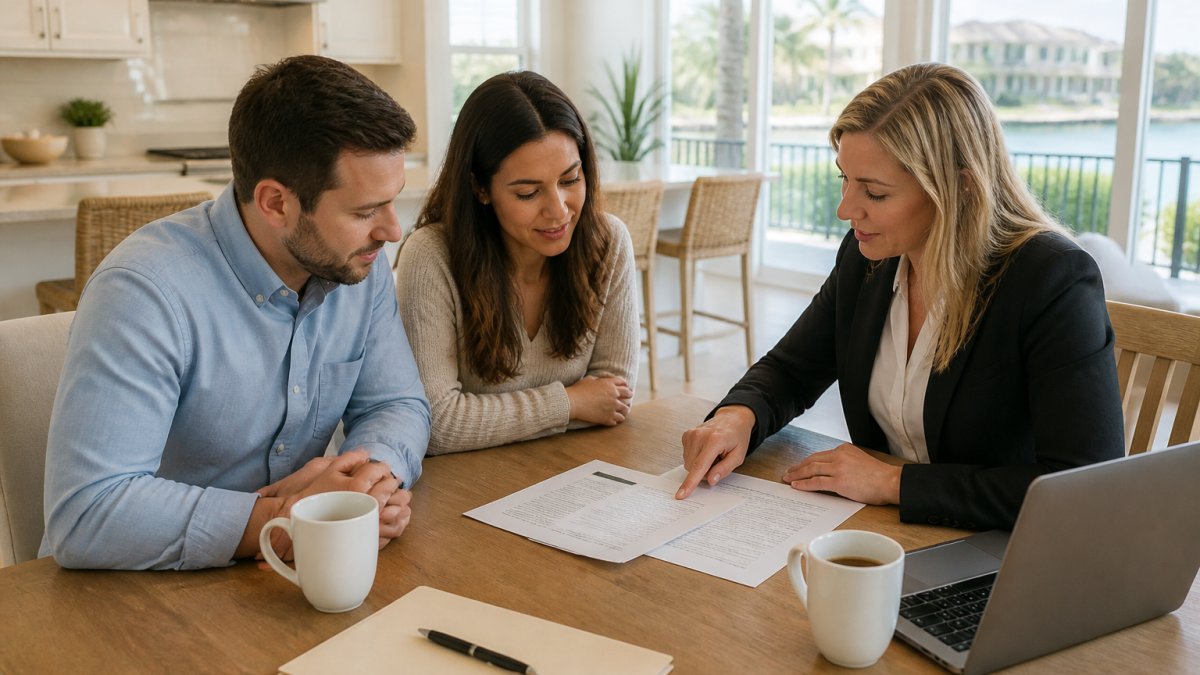 A couple and a real estate agent reviewing a printed timeline and contract at a kitchen table in a bright Southwest Florida home, with a laptop and coffee cups nearby