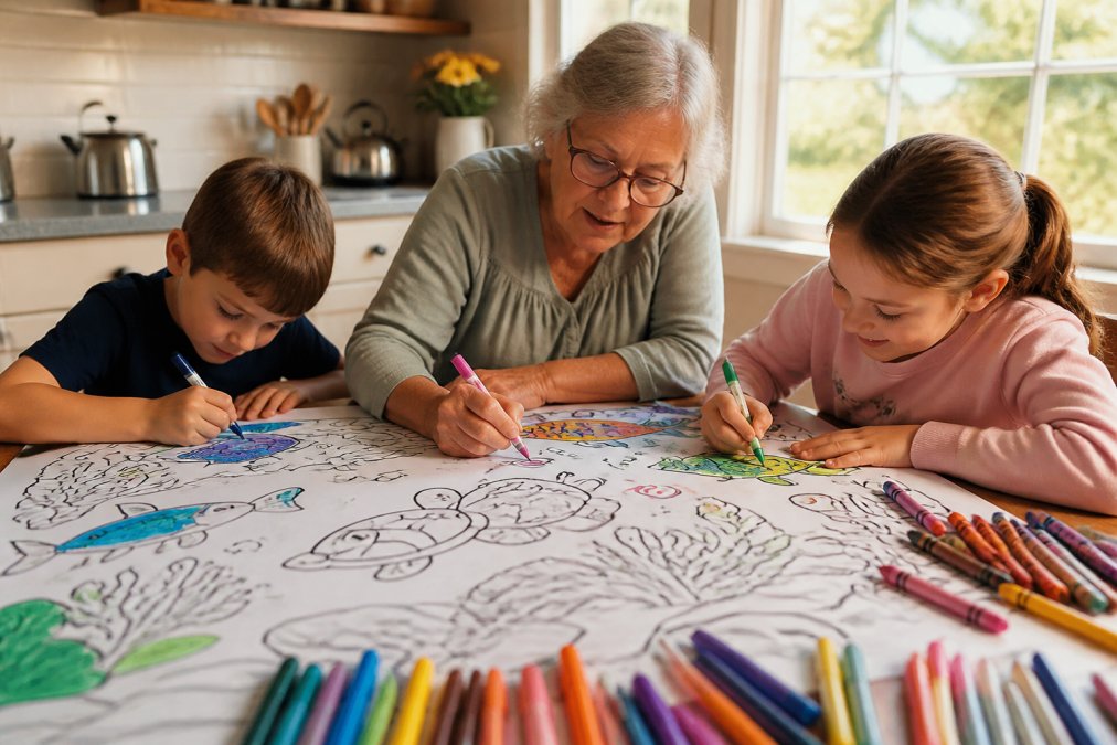 A grandmother and two grandchildren seated at a kitchen table coloring a large poster, markers and crayons spread out, warm afternoon light through the window