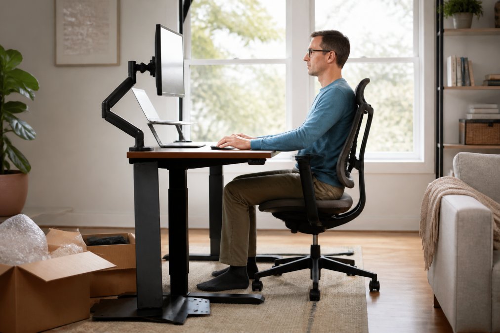 Person working at an ergonomic desk with a monitor at eye level to correct tech neck and maintain a neutral spine.