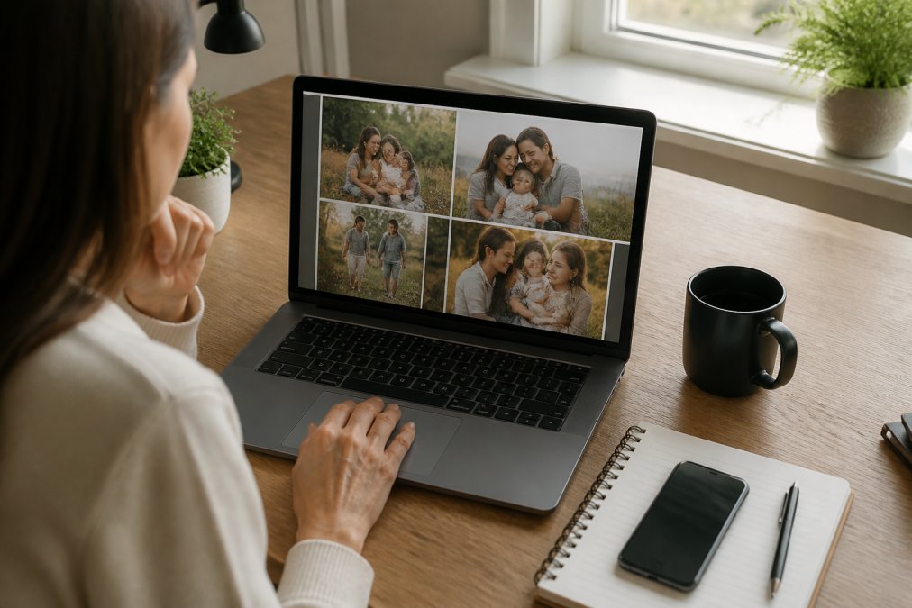A person sitting at a desk carefully reviewing a digital photo layout on a laptop screen before ordering a custom blanket, the screen showing a collage of family photos being arranged, warm natural lighting from a nearby window