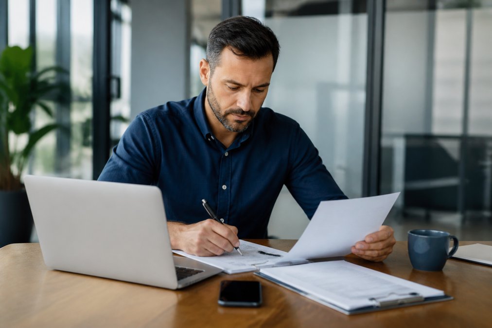 A small business owner sitting at a desk with a laptop, reviewing insurance documents and a checklist, with a phone nearby and a coffee cup, in a bright office setting