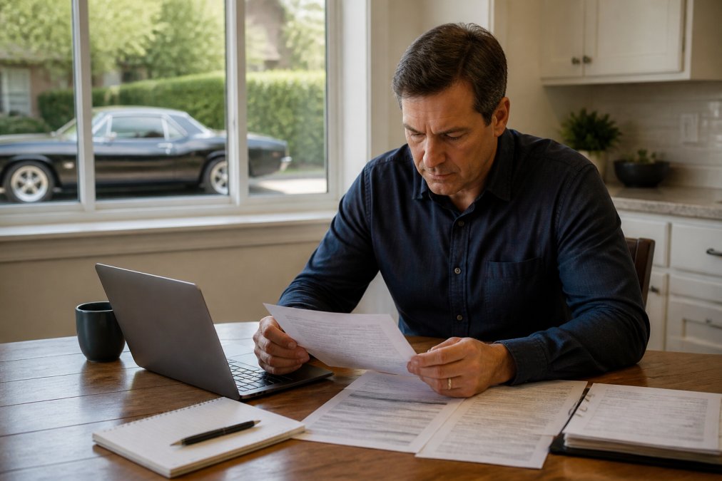 A person at a kitchen table reviewing insurance paperwork and a laptop, with a classic car visible through the window behind them
