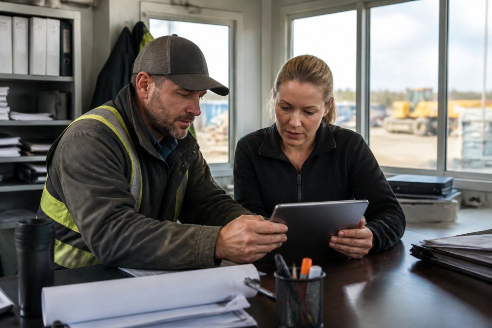 A crew manager and office staff member reviewing a digital work order on a tablet together in a field office setting, both focused on the screen with natural daylight coming through windows