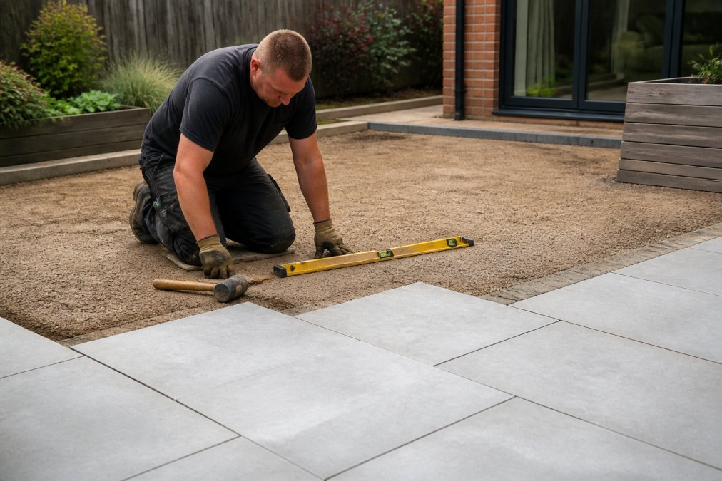 Landscaper using a spirit level while you lay a 20m2 patio with grey porcelain slabs on a compacted base.