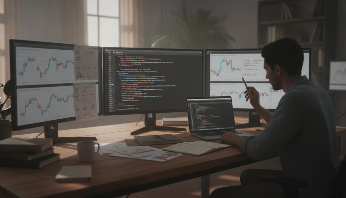 Trader working at a desk with multiple monitors displaying TradingView charts and Pine Script code editor side by side, natural daylight streaming through office windows