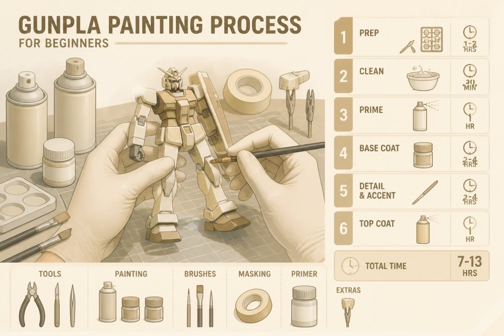 Close-up of a Gunpla model in progress on a workbench with spray cans, brushes, masking tape, and primer visible, showing hands applying paint to a partially painted HG kit