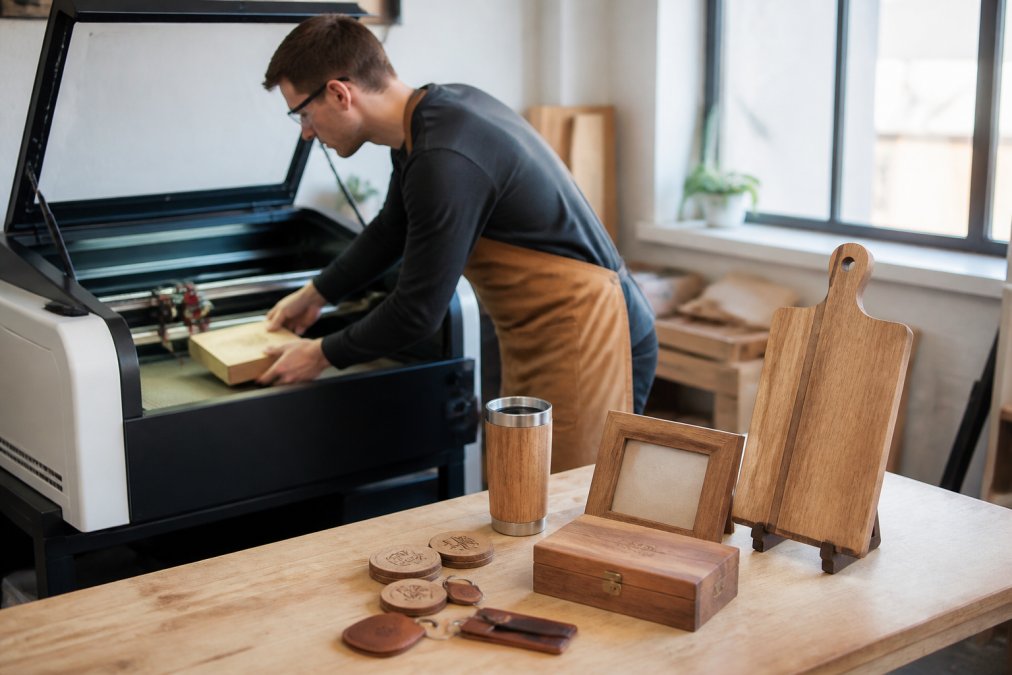 Worker using a laser engraving machine to personalize a gift on a wooden box in a bright studio