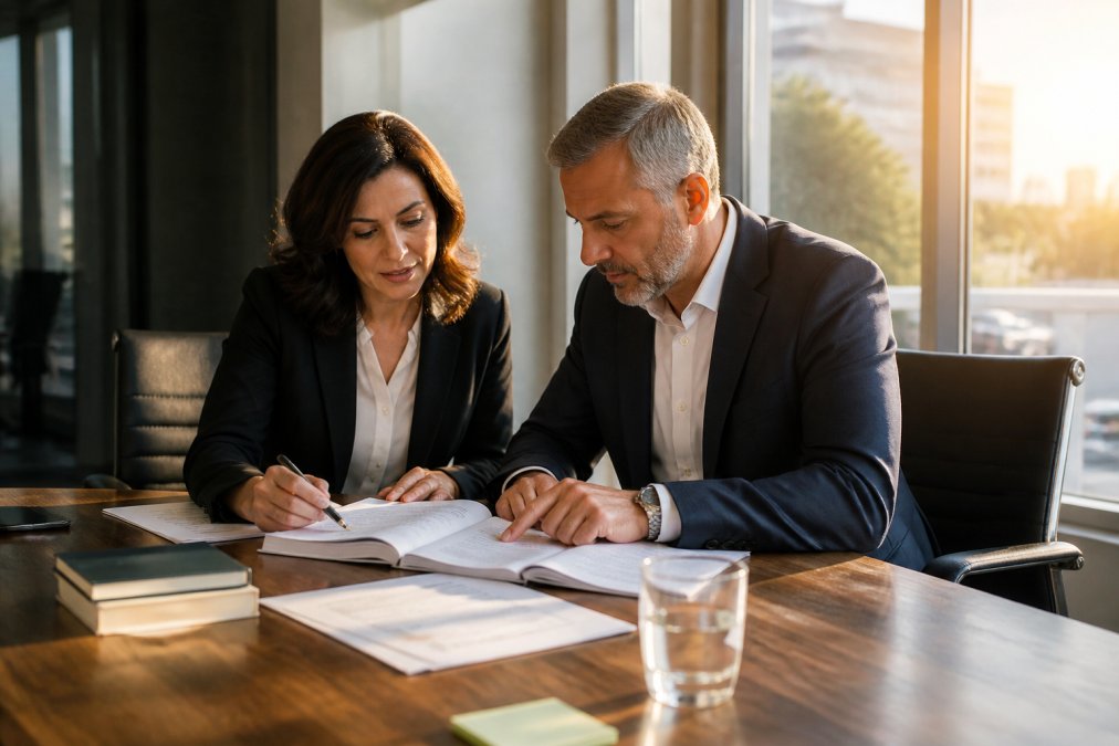 A professional writer and a business author reviewing a printed manuscript together at a modern conference table, laptop and marked-up notes between them, warm afternoon light through office windows