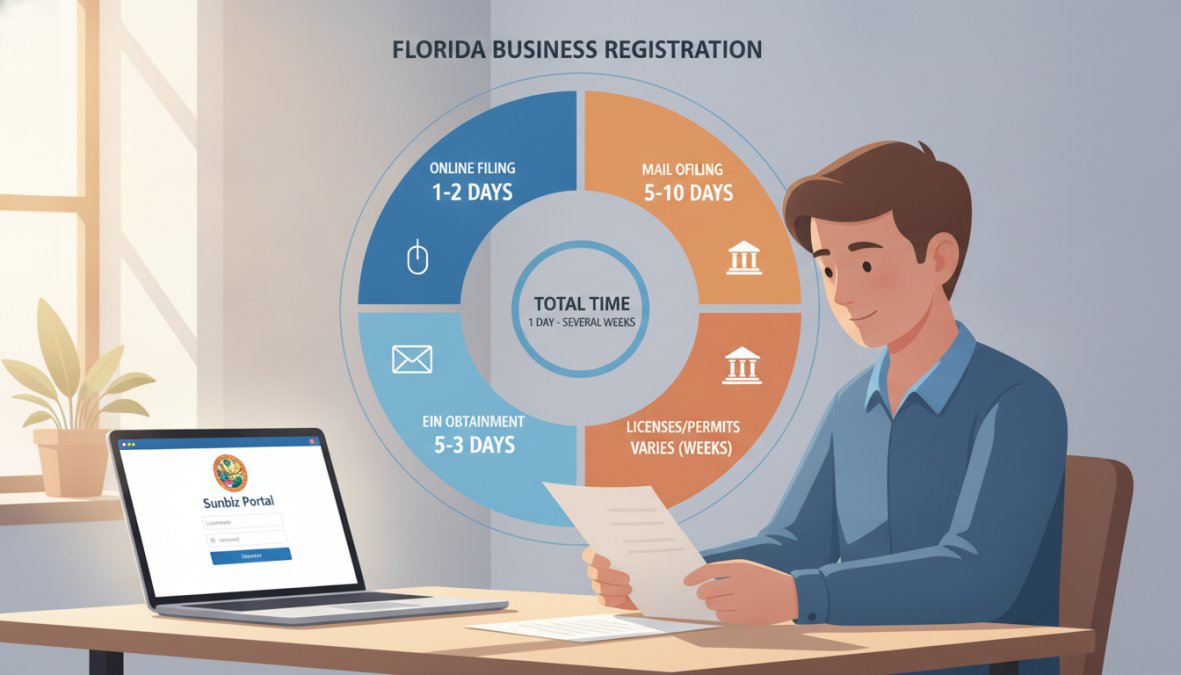 Business owner at a clean desk reviewing Florida business registration documents, laptop screen showing the Sunbiz portal login page, warm natural office lighting from a nearby window