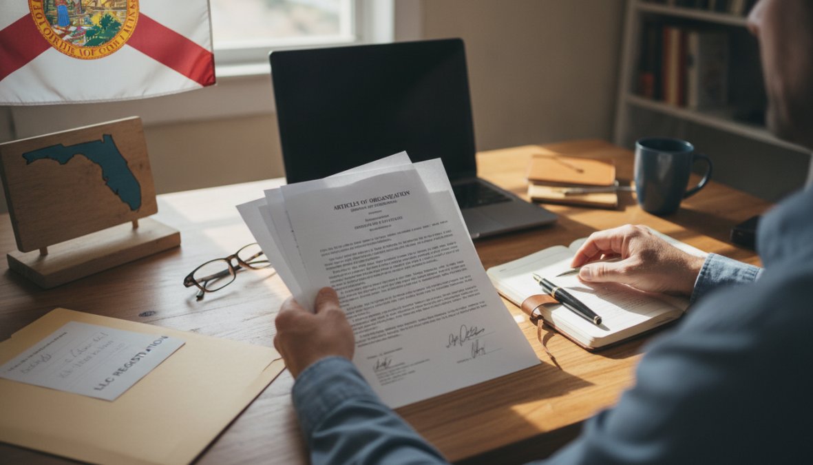 Hands holding a completed Articles of Organization form next to a laptop displaying the Florida Department of State Division of Corporations website, natural daylight from a window, clean desk surface