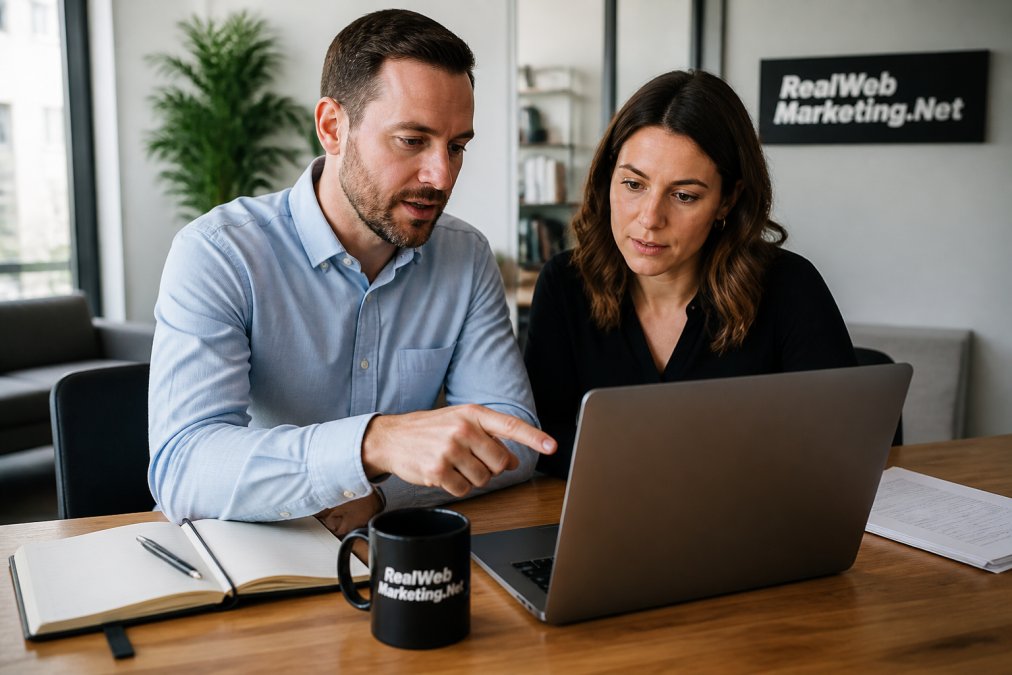 Marketing consultant and business owner reviewing PPC results on a laptop in a bright office setting