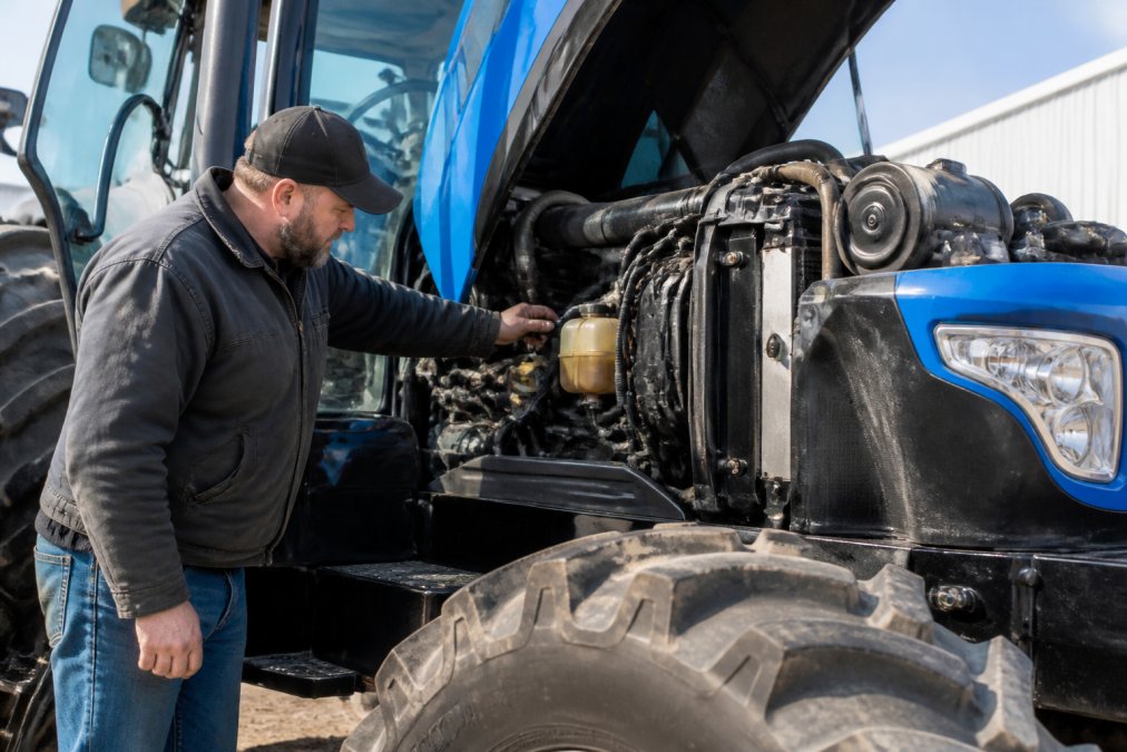 Equipment owner inspecting a used tractor's engine compartment in daylight, checking fluid levels and condition before listing for sale