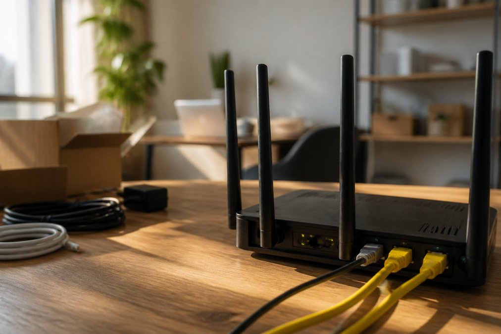 Close-up of a Wi-Fi router with illuminated indicator lights and network cables connected in a modern home office with natural sunlight streaming through windows