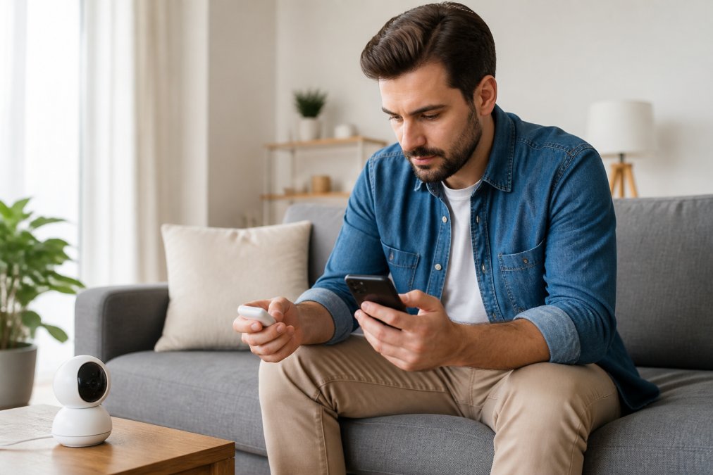 Person's hands carefully setting up a smart home device by connecting it to a smartphone app while sitting on a modern gray couch in a bright living room with neutral decor and natural lighting
