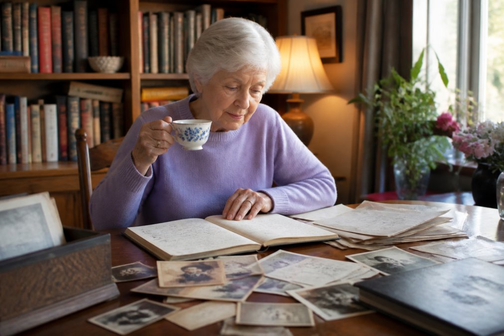 Older adult sitting at a desk with family photographs, old letters, and notebooks spread out, reviewing memories with a thoughtful expression while holding a cup of tea