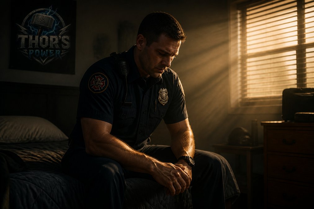A first responder in uniform sitting on the edge of a bed in a dimly lit room, looking tired but determined, with morning light beginning to filter through window blinds, suggesting the end of a night shift