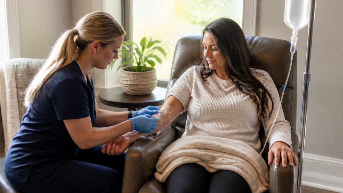 Infographic showing the IV infusion process and how long it takes to work while a nurse treats a patient at home.