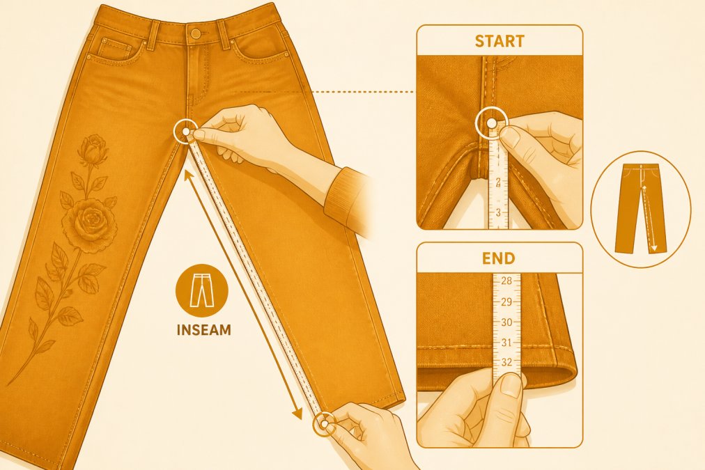 Close-up of hands measuring jeans inseam with a measuring tape, showing proper placement on the inside leg seam with natural lighting