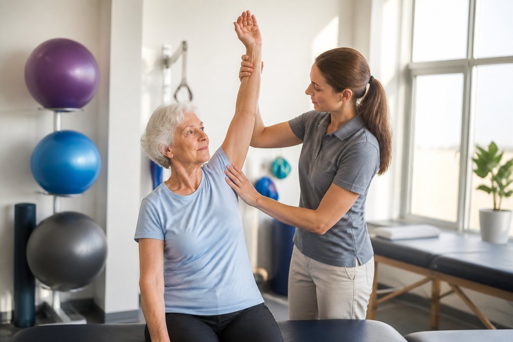 Physical therapist guiding patient through gentle range-of-motion exercise with arm raised, in bright clinical setting with exercise equipment visible