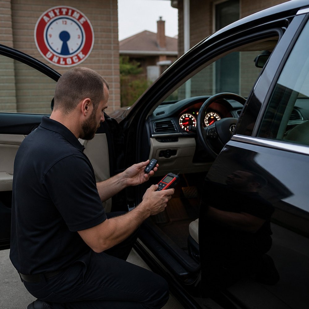 Locksmith using a programming tool for key fob programming on a sedan
