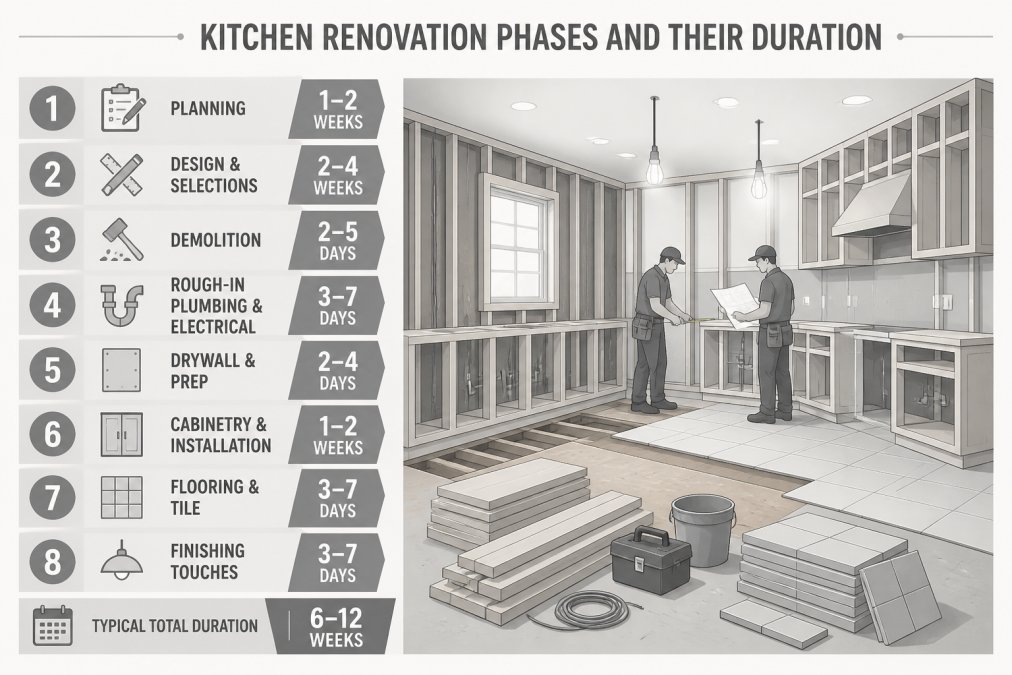 Professional kitchen mid-renovation showing exposed wall framing, open cabinetry framework, partially removed flooring, and construction materials staged in foreground with workers measuring and planning in background under bright work lights