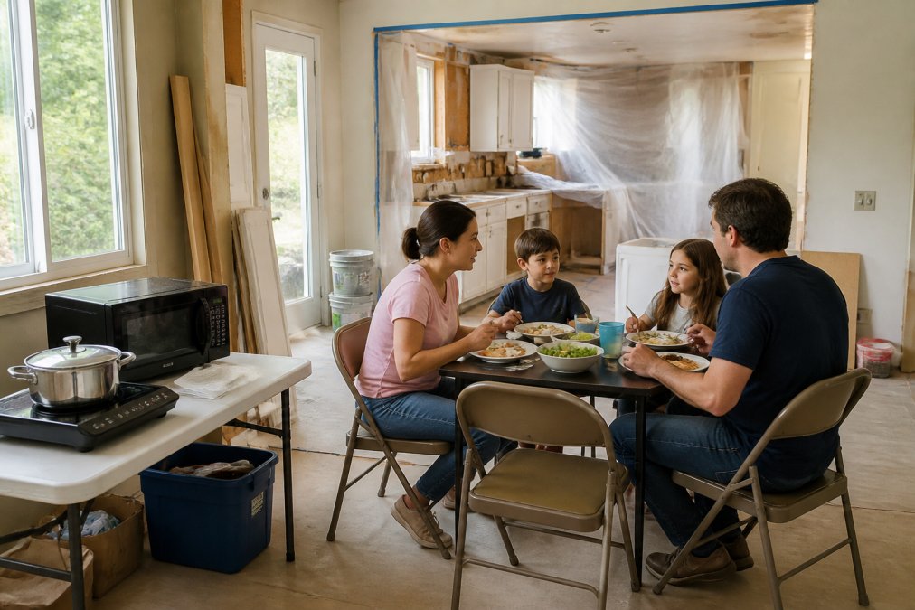 Family in temporary kitchen setup with portable induction cooktop and microwave on folding table, makeshift dining area with chairs around smaller table, renovation materials and plastic sheeting visible in adjacent kitchen space, natural daylight from windows