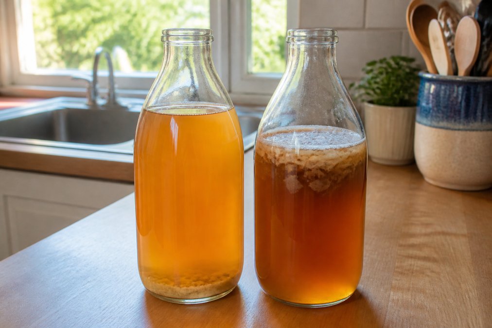 A close-up of two glass bottles of kombucha side by side on a kitchen counter, one with a clear, normal-looking liquid and slight sediment at the bottom, the other with a fuzzy, discolored patch on the surface, natural daylight from a window