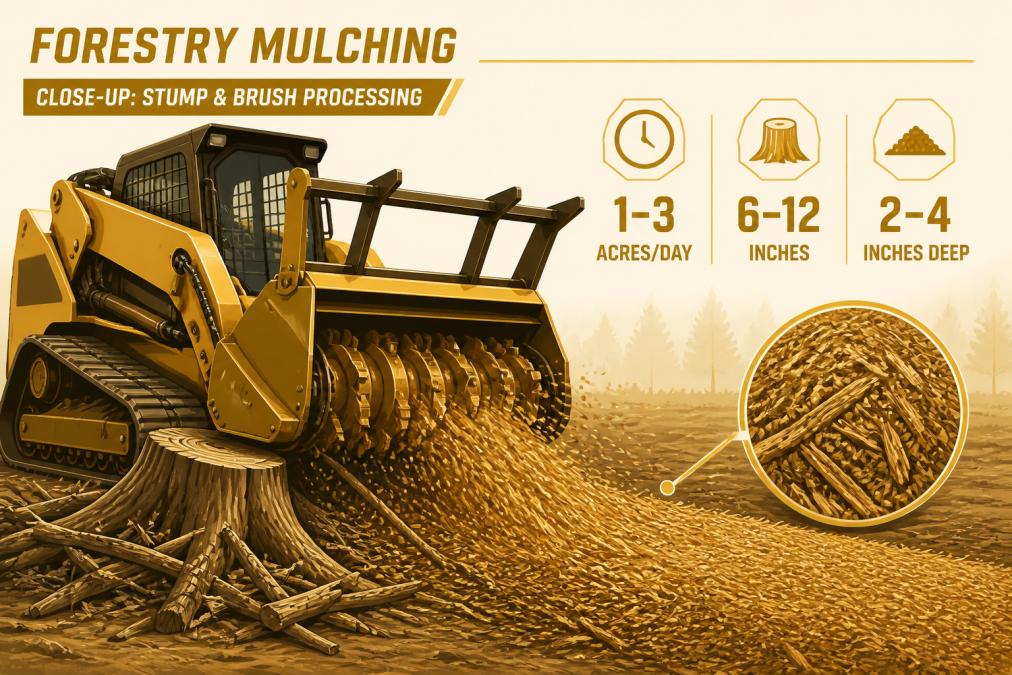 Close-up view of forestry mulching equipment processing tree stumps and brush into fine mulch material on a cleared land tract, showing the rich mulch output being deposited on the ground