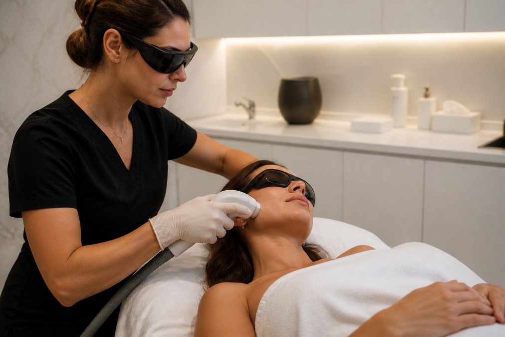 Practitioner performing laser hair removal on a patient’s jawline in a modern clinic treatment room