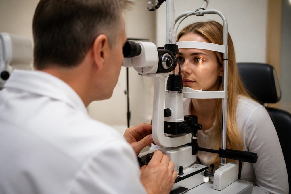 Ophthalmologist performing slit lamp examination on patient's eye during post-operative visit to assess corneal healing and visual stability, with warm clinical lighting and modern examination equipment