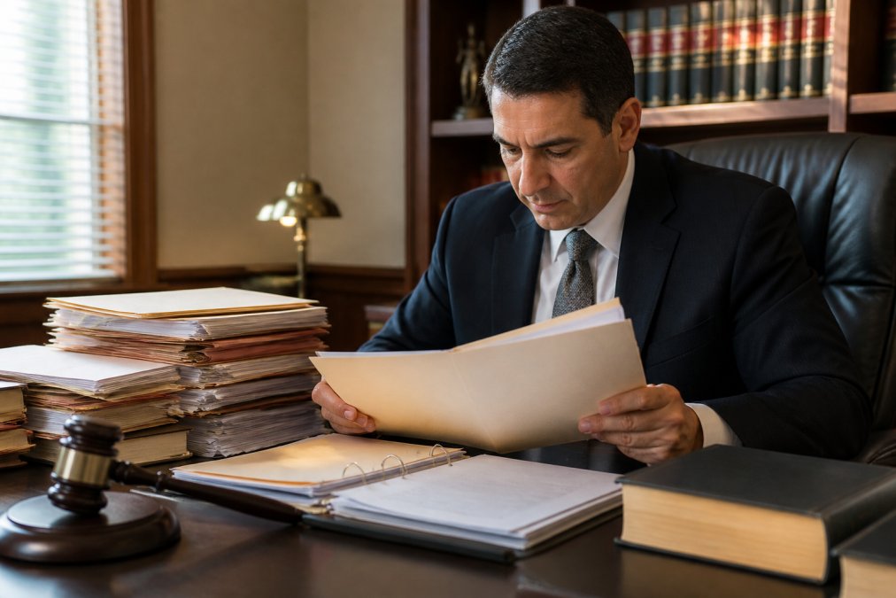 Attorney reviewing a thick case file at a desk covered in legal documents, with a gavel and law books visible in the background, under warm overhead office lighting