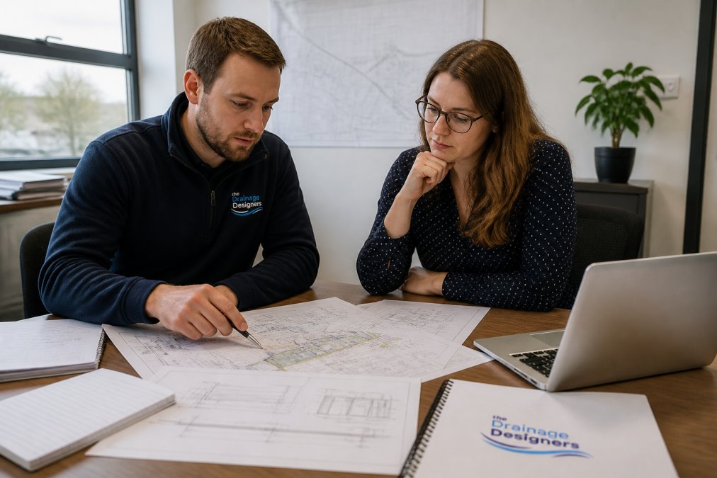 Drainage engineer and consultant reviewing technical site plans to resolve an LLFA objection in a bright office