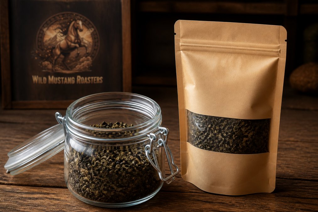 Close-up of loose leaf tea in an open airtight glass container next to a resealable pouch, showing the difference in packaging materials and how they protect tea from light and air