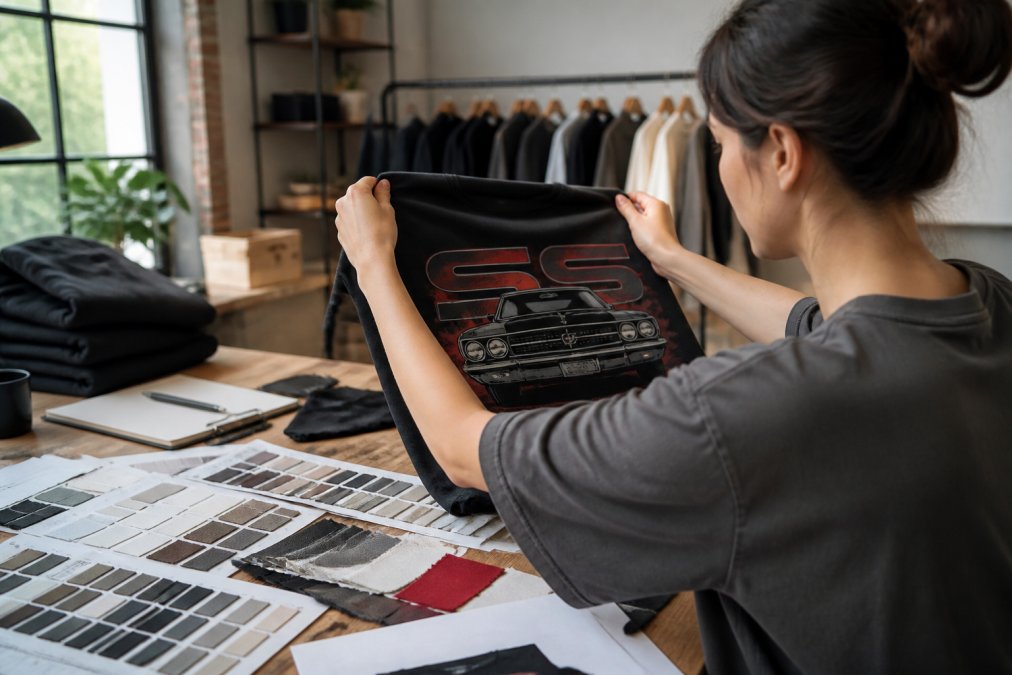 Designer's hands carefully reviewing a custom graphic apparel proof on a computer screen, with color swatches and fabric samples on the desk, natural office lighting