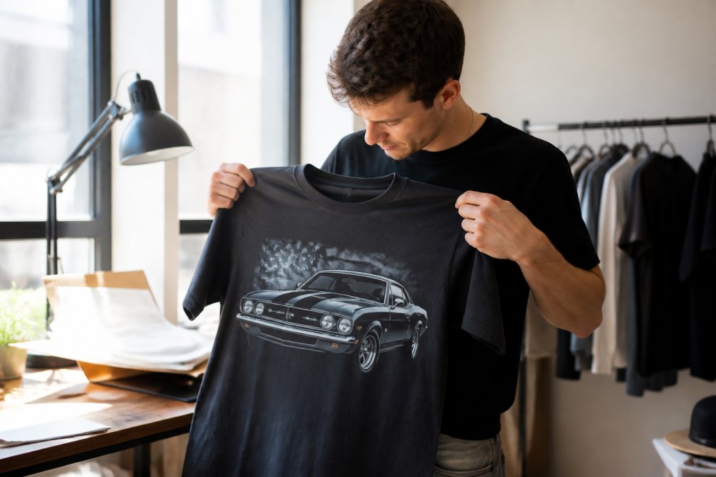 Person carefully examining a custom-made t-shirt with a graphic print in natural daylight, checking the print quality and fit against their body