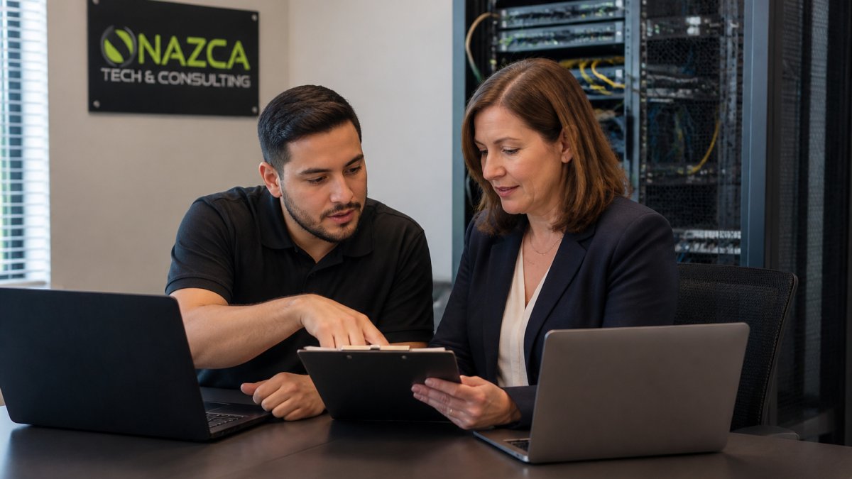IT technician and business manager reviewing implementation checklist together at a desk with laptops and network equipment visible in background