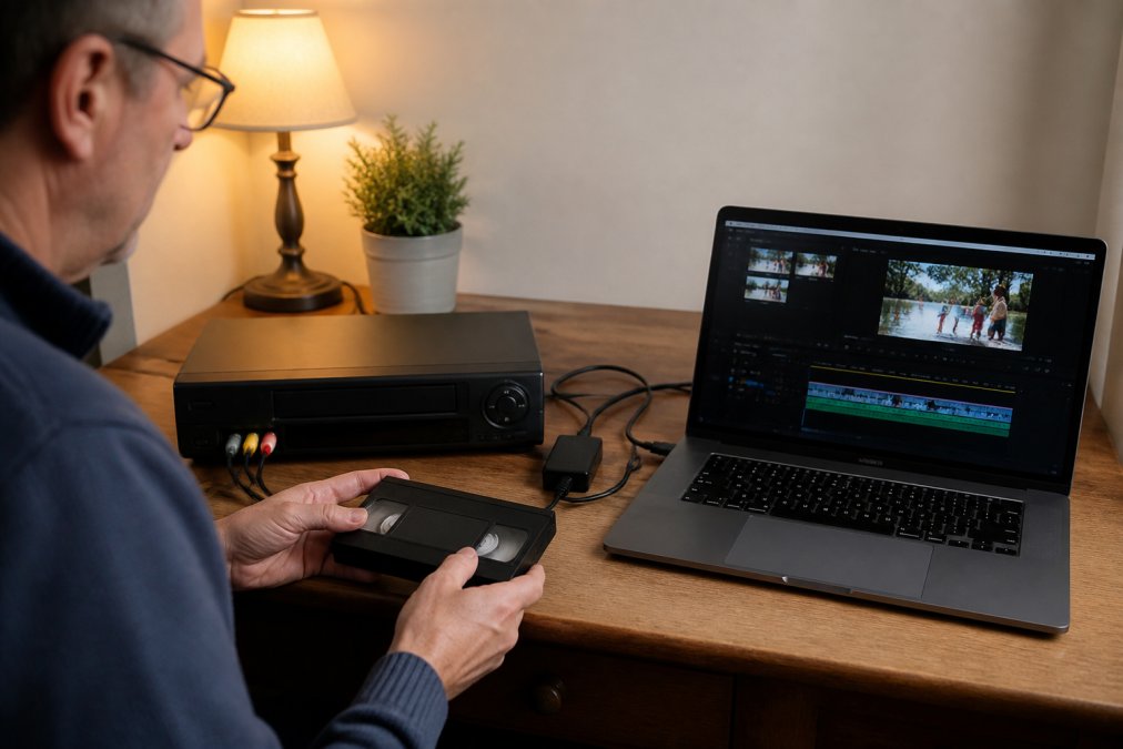 A person sitting at a home desk with a VHS tape, a VCR player, and a laptop showing video editing software, cables connecting the devices, warm indoor lighting
