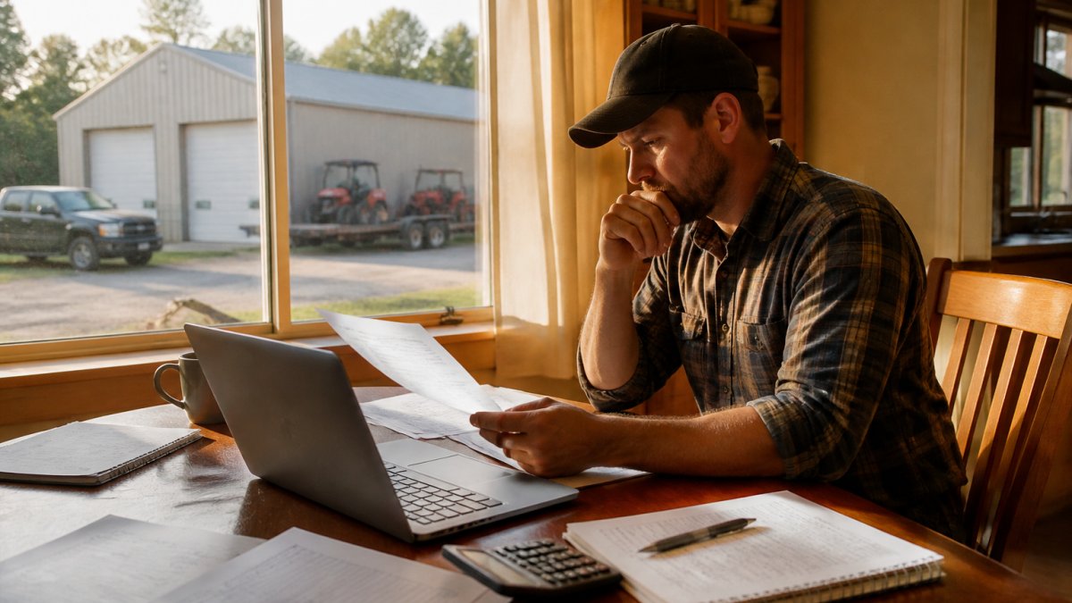 A homeowner sitting at a kitchen table reviewing loan paperwork and financial documents on a laptop, with a coffee mug nearby and natural light coming through a window