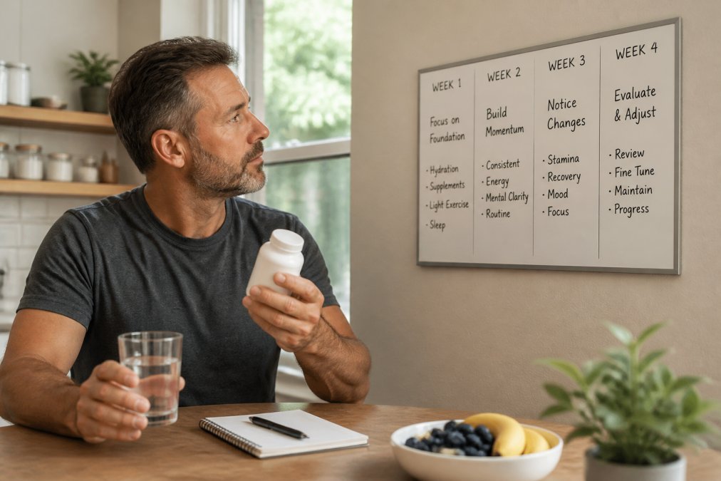 A man in his late 40s sitting at a kitchen table in the morning, holding a supplement bottle and a glass of water, looking thoughtfully at a calendar on the wall with weekly notes written on it