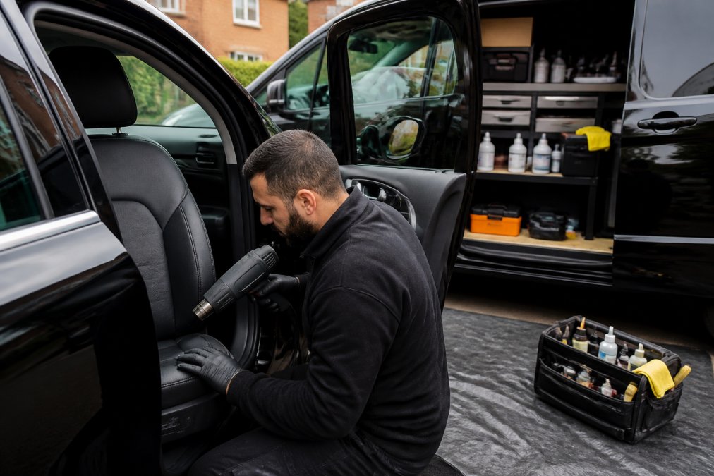 A mobile technician in a branded van working on a car seat interior in a residential driveway, using professional tools and a heat gun, with the car door open showing leather upholstery