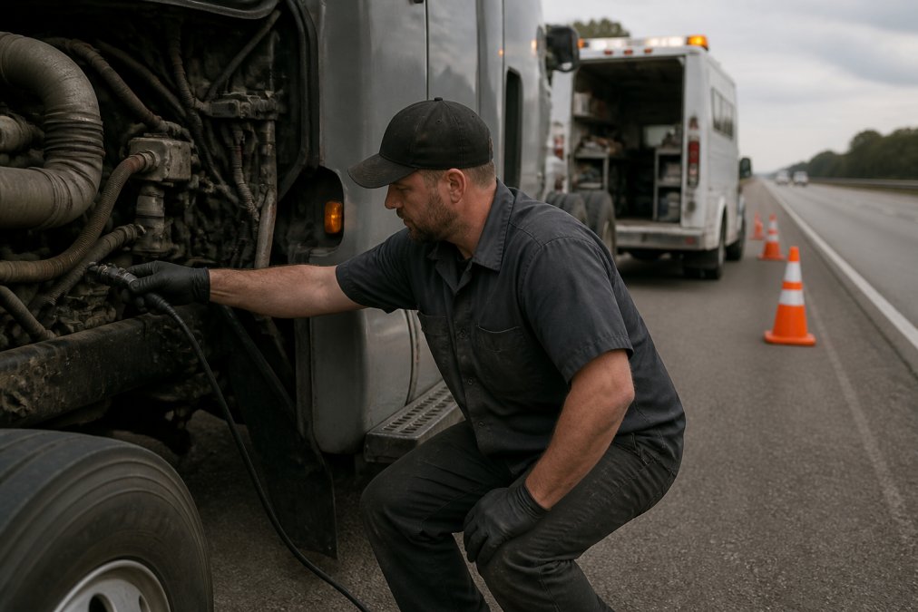 A diesel technician in work clothes connecting a laptop diagnostic cable to a semi-truck's engine port on the shoulder of a highway, with a service truck parked behind and orange safety cones set out