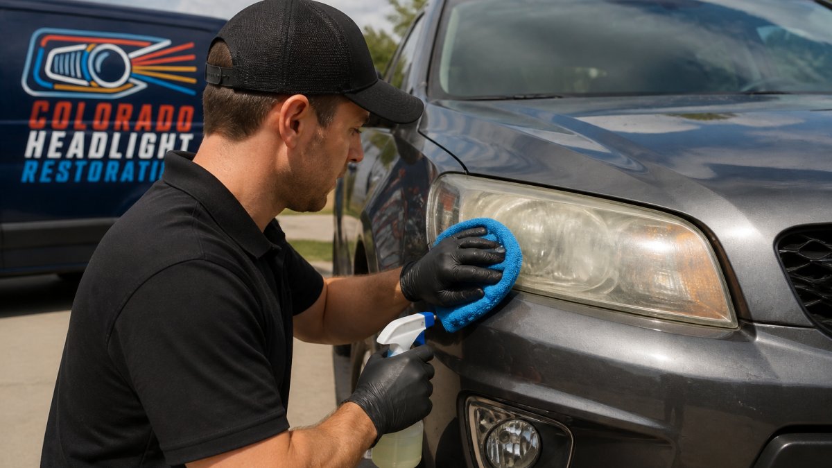 Professional technician carefully cleaning a vehicle's yellowed headlight lens with specialized equipment and cleaning solution, showing the initial surface preparation stage