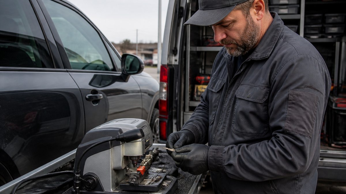 Locksmith using professional tools for mobile key replacement at a vehicle