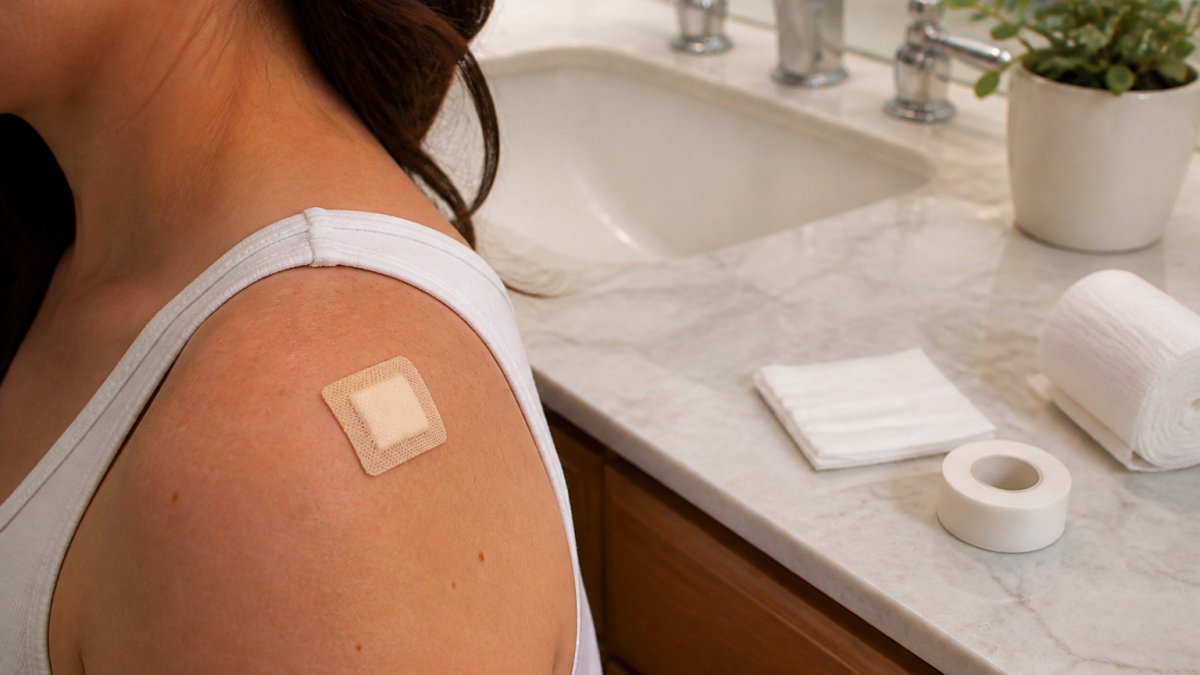 Small adhesive bandage on a shoulder after mole removal with gauze nearby