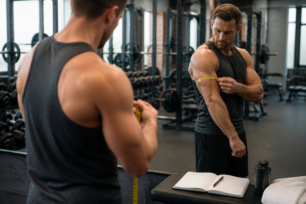 A fit man in his 30s checking his physique in a gym mirror, holding a tape measure around his arm, with a notebook of progress notes on a bench nearby