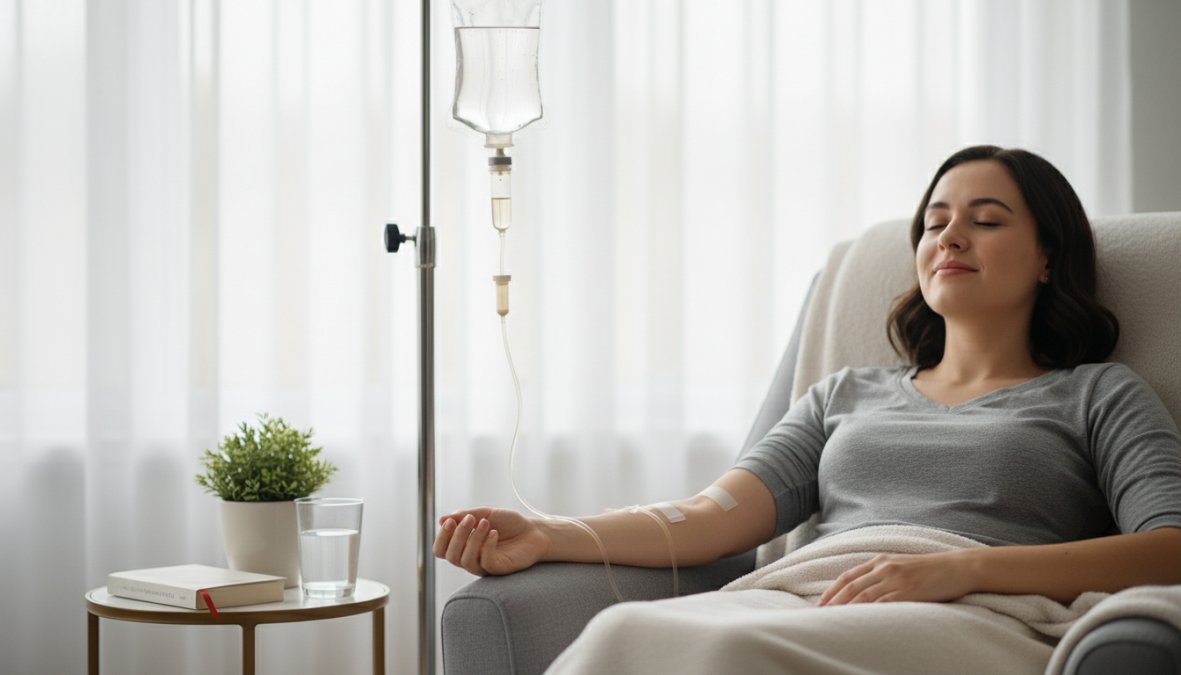 A patient reclining comfortably in a modern [wellness](/wellness-peptides/) clinic chair with an IV drip in their arm, soft ambient lighting illuminating a clean clinical environment with white walls and a small plant on the windowsill