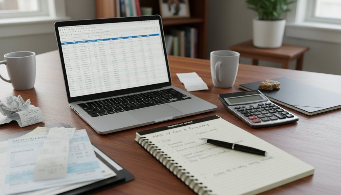 A person in business casual attire reviewing a wellness treatment plan document at a clean desk with a laptop open, a notepad with handwritten notes, and a small succulent plant, bright natural light coming from a window to the side